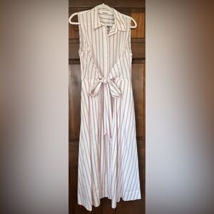 Elie Tahari Striped Sleeveless Dress with Waist Tie and deep pockets, L